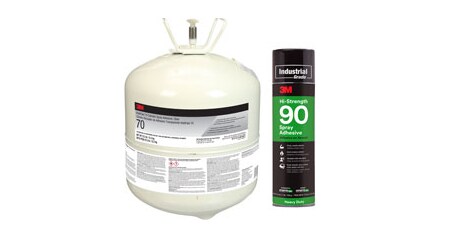 3M™ HoldFast Cylinder 70 Cylinder Spray Adhesive and a can of 3M™ Hi-Strength 90 Spray Adhesive
