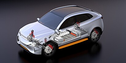 illustration of a car with xEV battery showing using E-A-R cushioning materials
