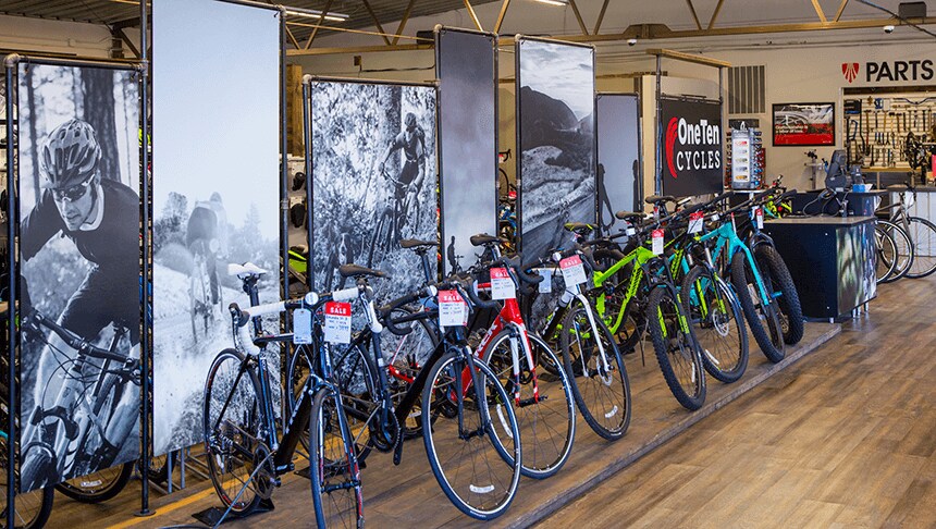 row of bicycles in a store