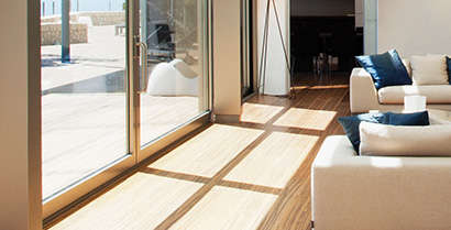room with a large glass door