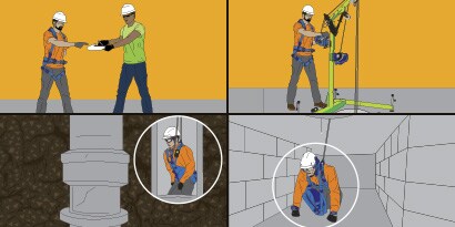 Four panels showing illustrations of workers preparing for and entering a confined space.
