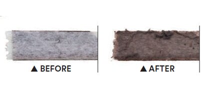 A before-and-after shot of 3M™ Easy-Trap™ Sweep and Dust Sheets shows the after sheet with much dust and dirt on it.
