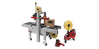 Collage image of a 3M-Matic™ Case Sealer, a 3M™ AccuGlide™ Taping Head and a manual tape gun
