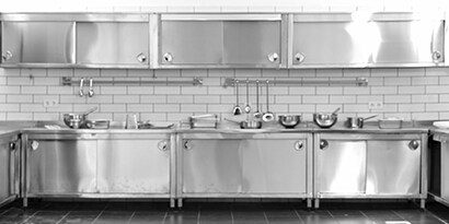 Stainless steel kitchen cabinets in a commercial kitchen
