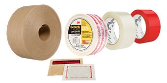 Collage image of various box sealing tapes and packing list envelopes

