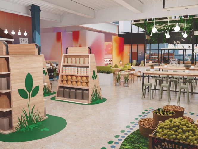 ร้านกว้างขวาง ตกแต่งด้วยชั้นไม้ ผนังหลากสี และมุมที่นั่ง เน้นการออกแบบสไตล์โมเดิร์น
