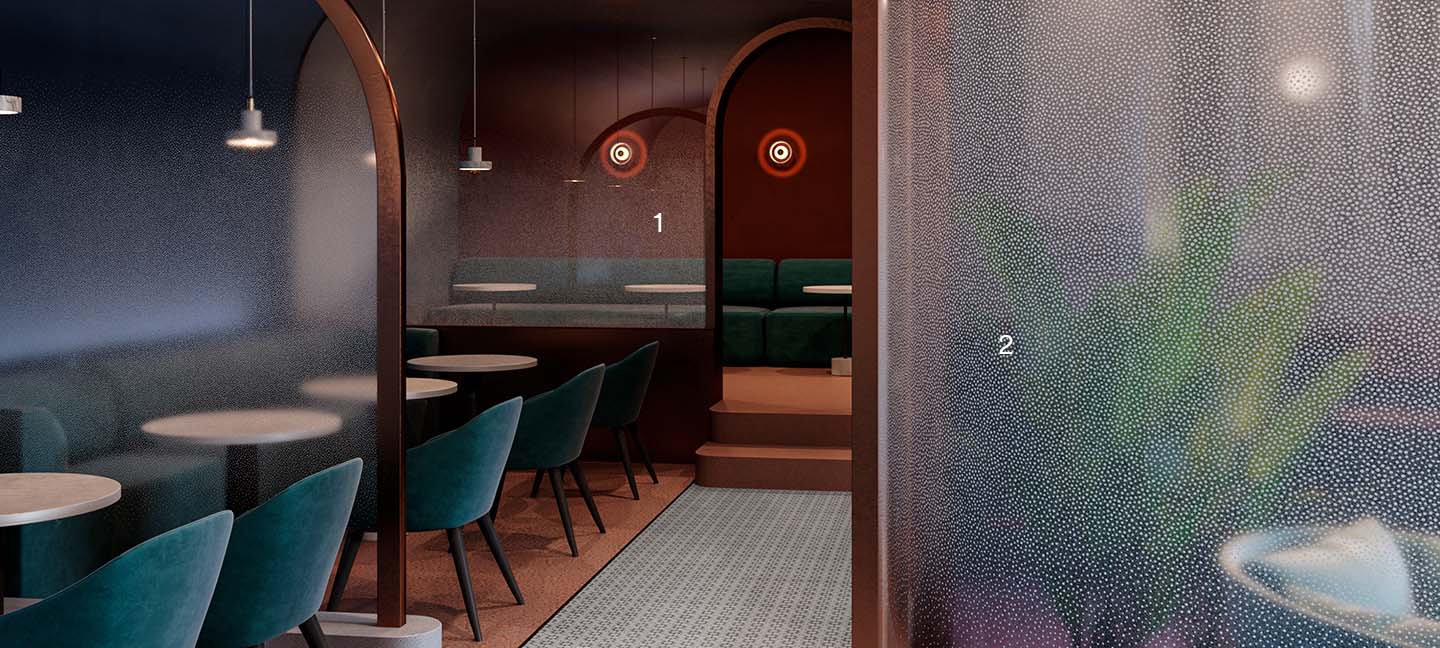 ภาพของร้านกาแฟที่แสดงตัวเลือกมากมายของ FASARA™ Glass Finishes