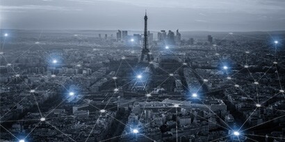 3M Grid Modernization image with connected electrical points overlaid on cityscape
