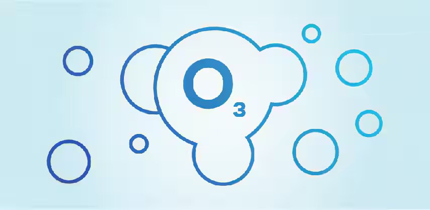 ภาพโมเลกุลของโอโซนสีน้ําเงินบนพื้นหลังสีฟ้าอ่อน
