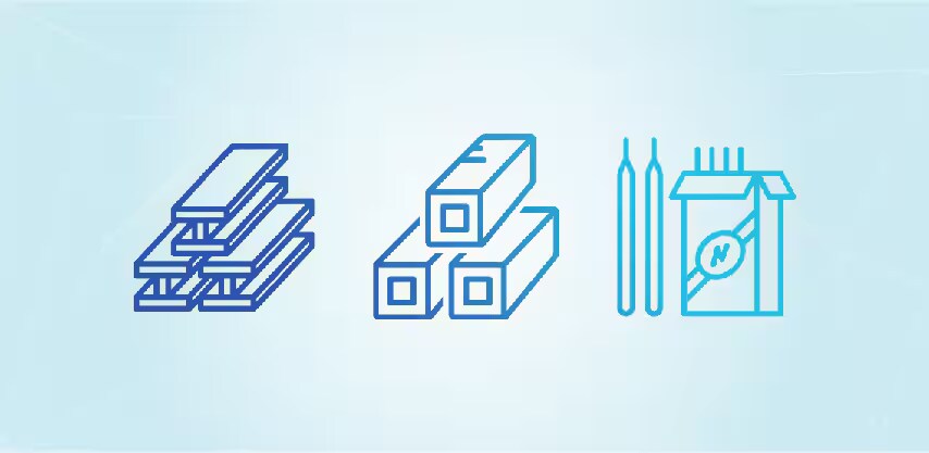 ภาพแท่งโลหะซ้อนกัน คานสี่เหลี่ยม และกล่องอิเล็กโทรดเชื่อม
