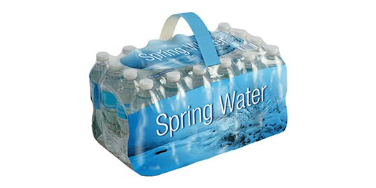 Image of a case of water bottles with a color-coordinated carry handle
