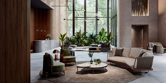 ฉากในล็อบบี้ของโรงแรมแสดง DI-NOC™ Architectural Finishes แบบต่างๆ ที่ใช้กับผนังและโต๊ะทำงาน
