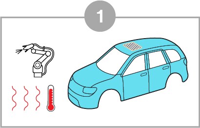 Product application image of the body of a car for 3M paint body and bake.
