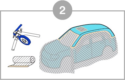 Product application image of the body of a car top with masking film for 3M mask front & windshield
