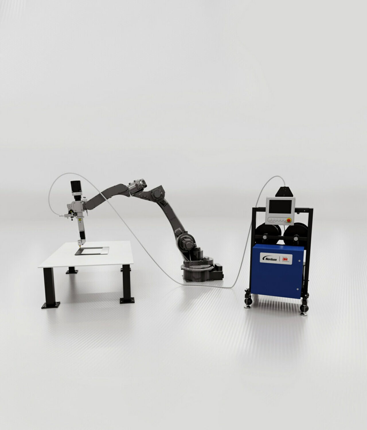 Image of the 3M™ On Demand Bonding System, including robot arm and dispensing stand