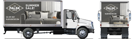 furniture company’s truck wrapped in summer sale promotional graphic