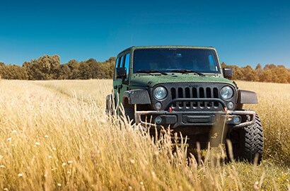 jeep driving through a field
