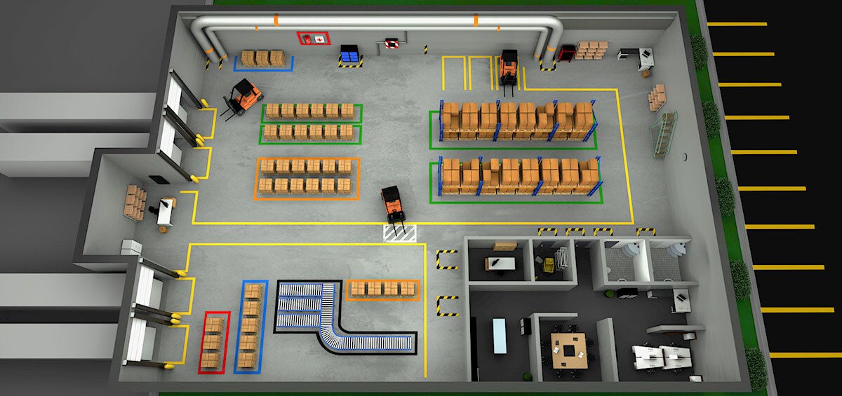 แผนผังที่ 1 แสดงการสีเส้นพื้นแบบ 3D ของแปลนโรงงาน
