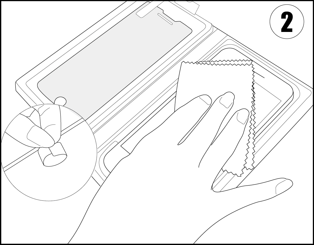 Illustration showing how to clean screen with microfiber cloth and dust removal tape