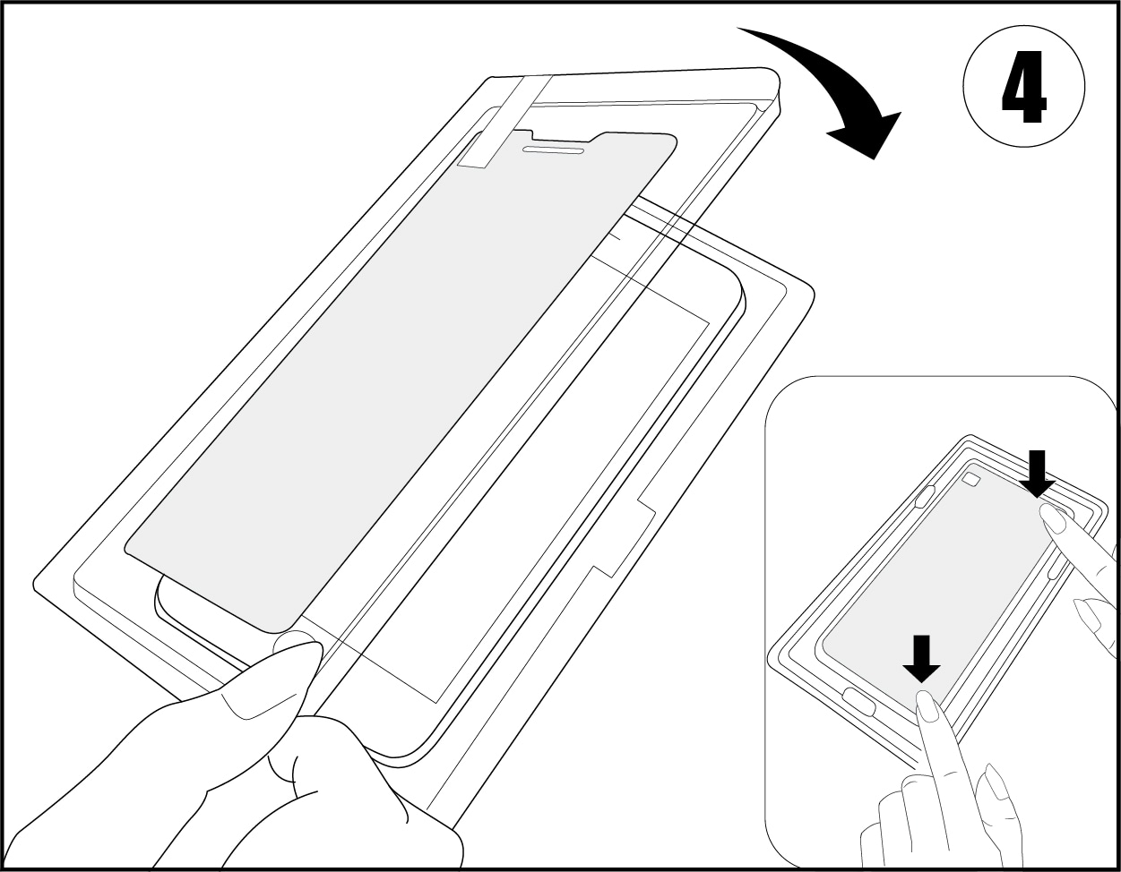 Illustration showing how to fold applicator box over and apply screen protector