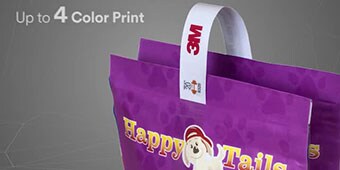 Video still of snack packages taped together as a pair using a 3M™ Carry Handle with text “Up to 4-Color Print”
