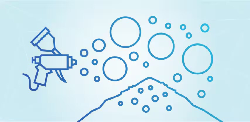 นึกภาพปืนฉีดพ่นอนุภาควงกลมลงบนพื้นผิวสามเหลี่ยม
