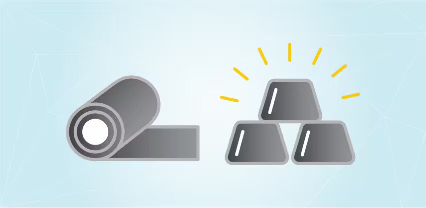 ภาพแผ่นโลหะรีดทางด้านซ้ายและแท่งโลหะสามแท่งซ้อนกันที่เปล่งรังสีสีเหลืองทางด้านขวา
