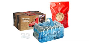 Collage image of a multipack, a handle added to a case of water, a reclosable pouch and replacement hang tabs
