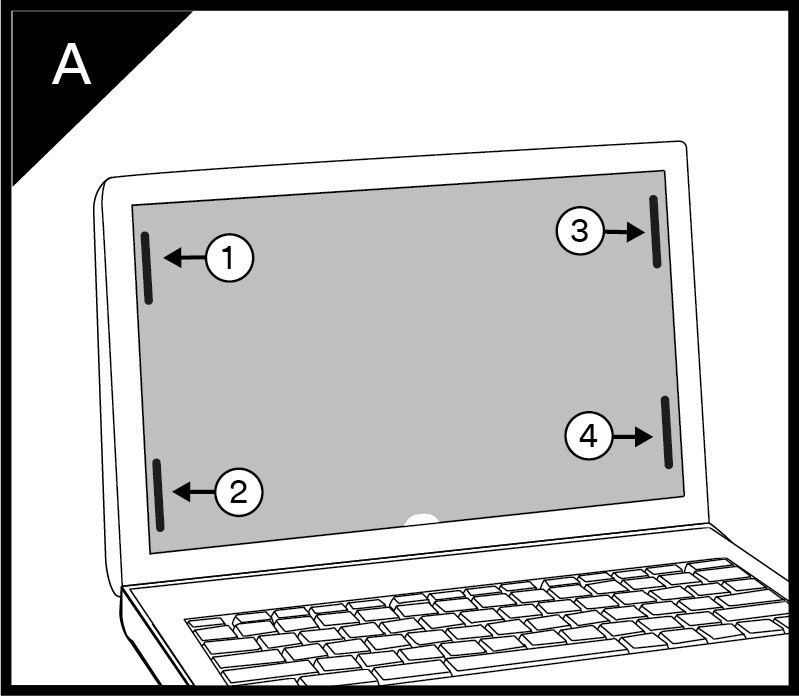Bright screen privacy filter shown attached to laptop screen with four COMPLY adhesive strips

