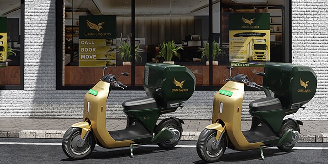 Two delivery scooters displaying examples of branded vehicle graphic colors and logos.
