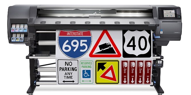 hp latex 360 365 printer with a 'road work ahead' sign being printed
