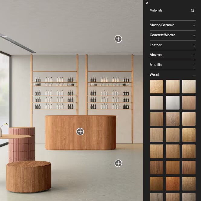 Example interface of Visualiser Tool showcasing wood grain options to be applied to retail interior setting.