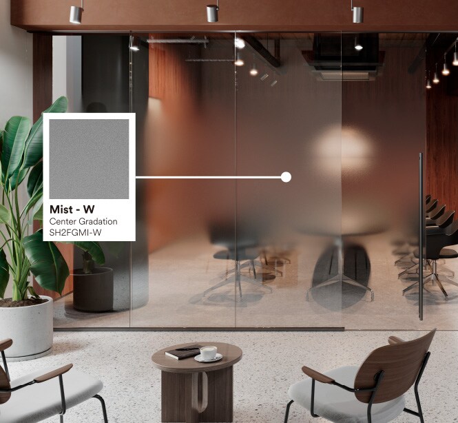 Image of modern office conference room featuring warm colors, stone floors and greenery with product callout of Mist glass finish.